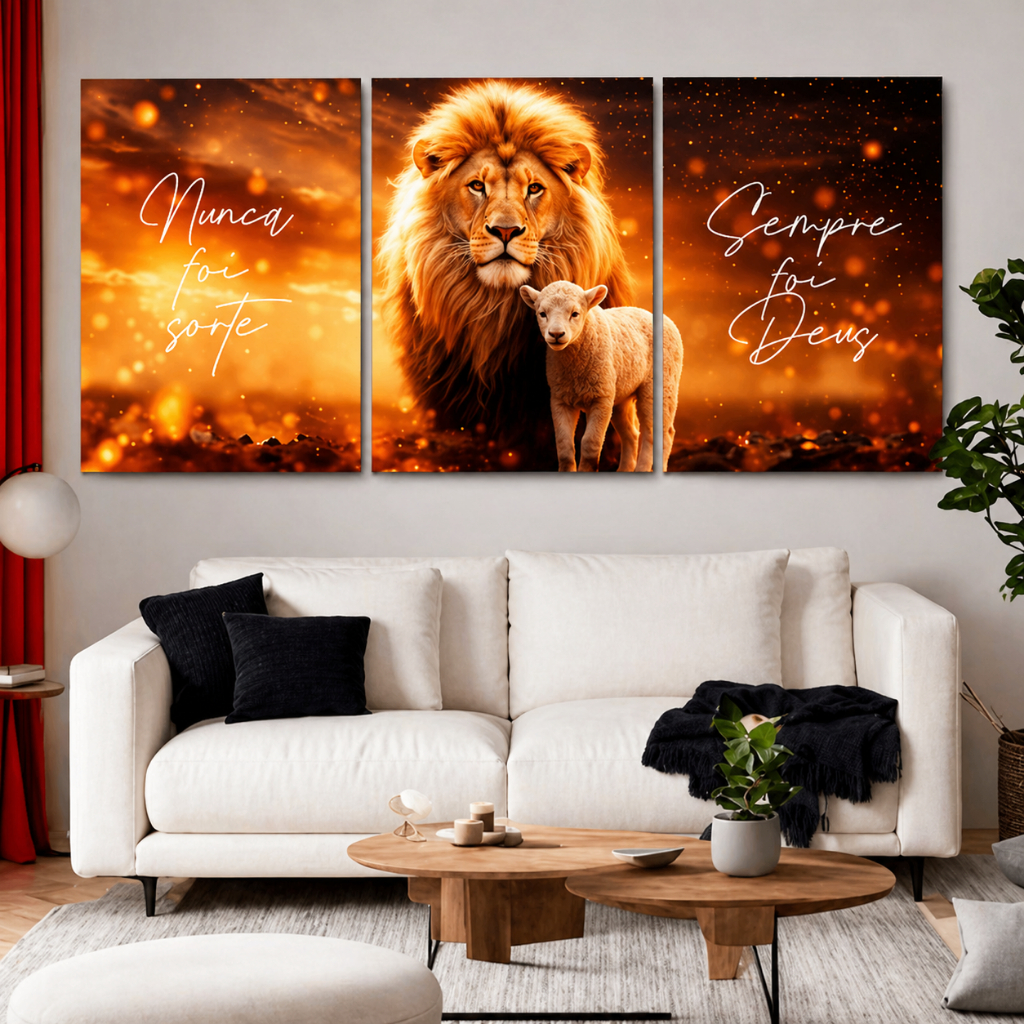 Quadro Decorativo Leão e Cordeiro Nunca foi Sorte Sempre foi Deus 3 Peças Religioso Ótima Impressão em mdf