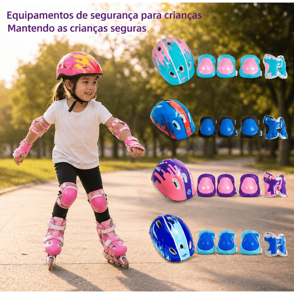 Kit Protecao Infantil Completo 7 Pecas Capacete Joelheira Cotoveleira Azul Seguranca