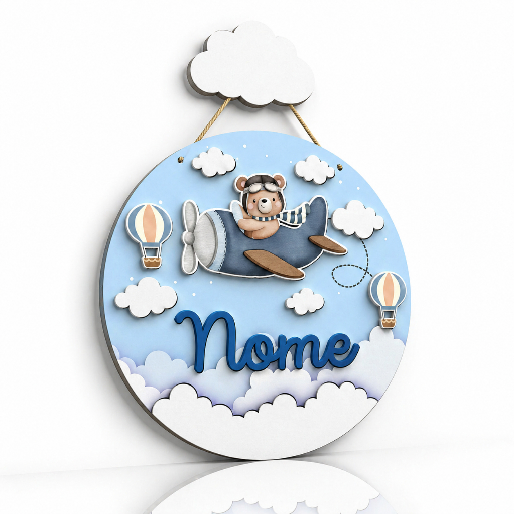 Enfeite Porta Maternidade MDF Urso Aviador,Avião, Ursinho Nome Personalizado Decoração para quarto