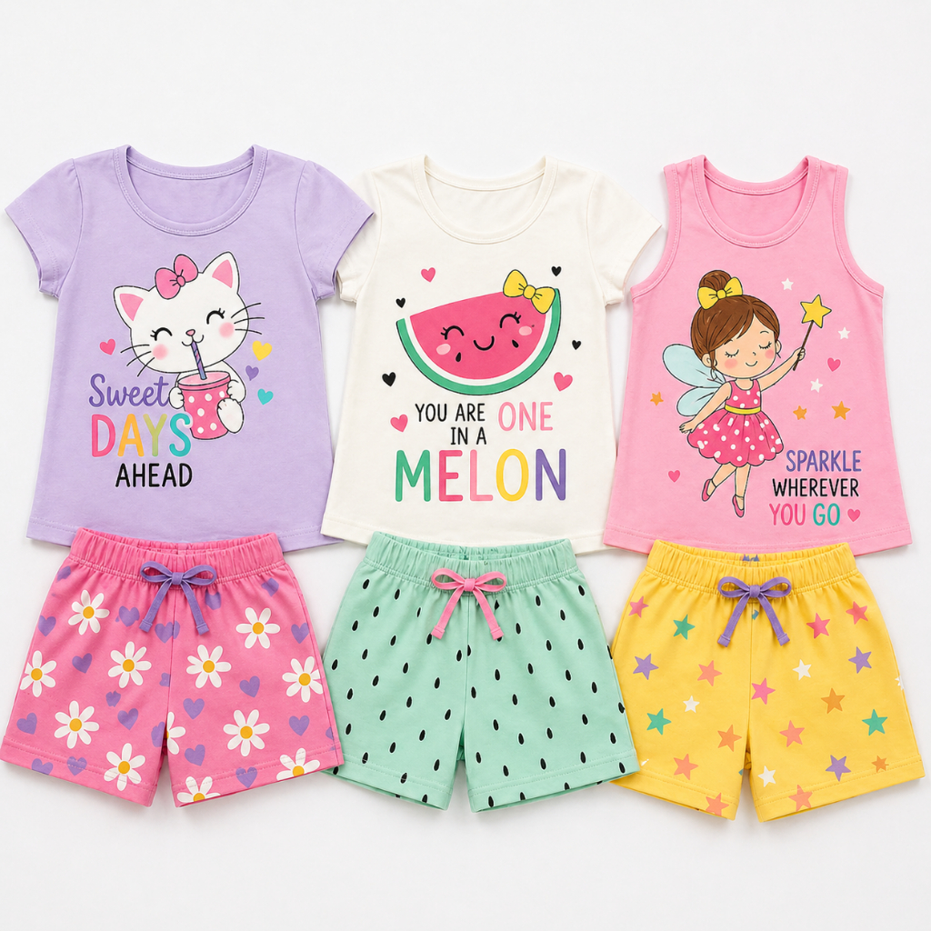 Kit 2 ou 4 Peças Roupa Infantil Menina Verão Conjunto de Verão Feminino Bebê Manga Curta e shorts Sortidos