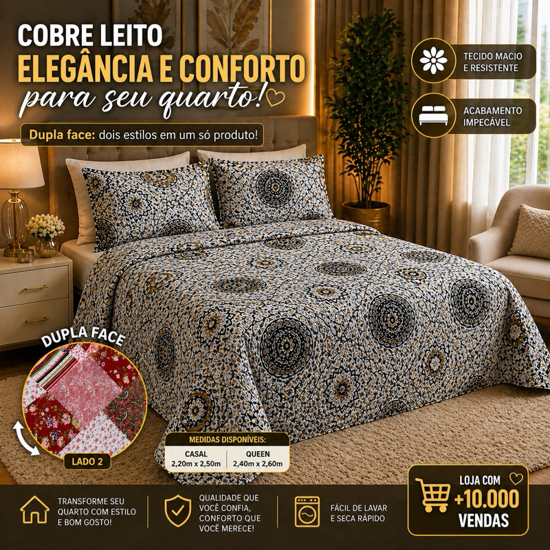 Kit Colcha Cobre Leito Casal Queen Dupla Face Matelado Toque De Algodão 2 Porta Travesseiros Fronhas Linha Luxo Premium