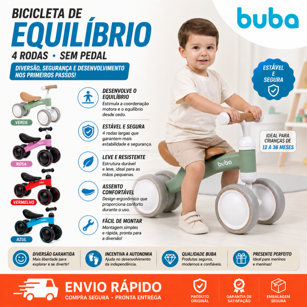 BICICLETA DE EQUILÍBRIO INFANTIL 4 RODAS SEM PEDAL BUBA