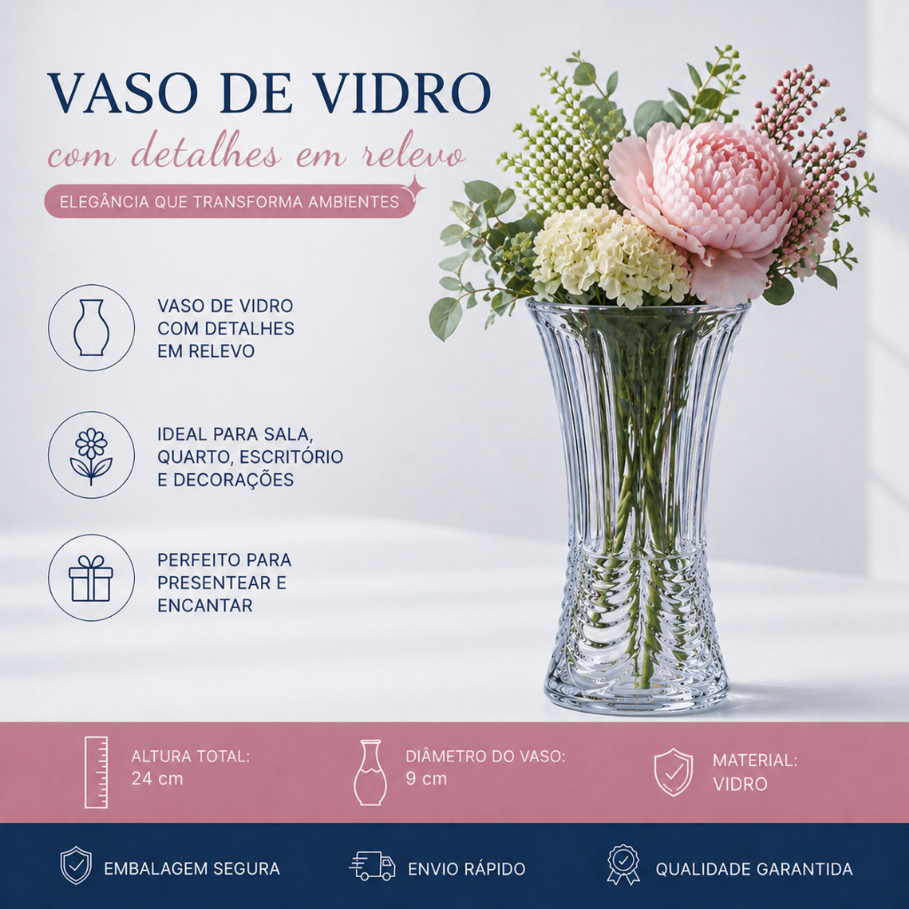 Vaso Vidro Plantas Flores Decorativo Alto Relevo Arranjo de Mesa Plantas e Flores Transparente