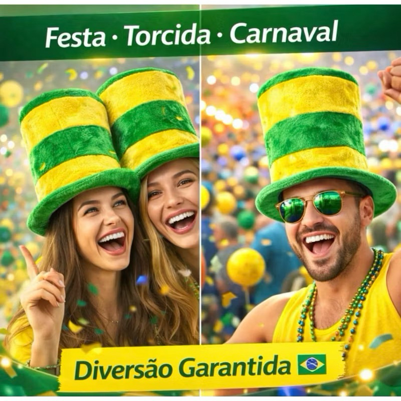 Cartola Brasil | 28x28cm | Verde E Amarelo | Veludo | Seleção Brasileira | Copa Do Mundo | Fantasia | Jogos | Futebol