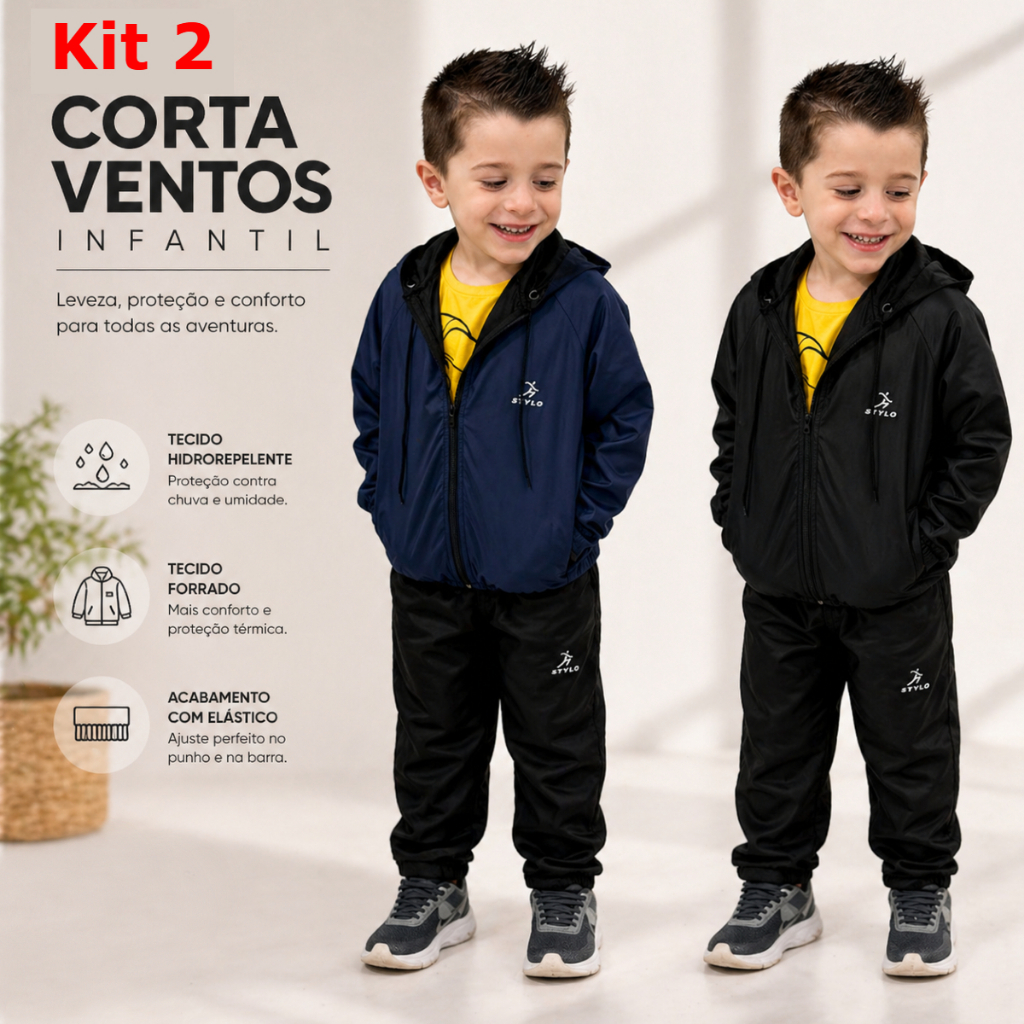 Kit 2 Jaqueta Corta-Vento Infantil Unissex Forrada Quente Inverno Hidro-repelente 2 ao 10