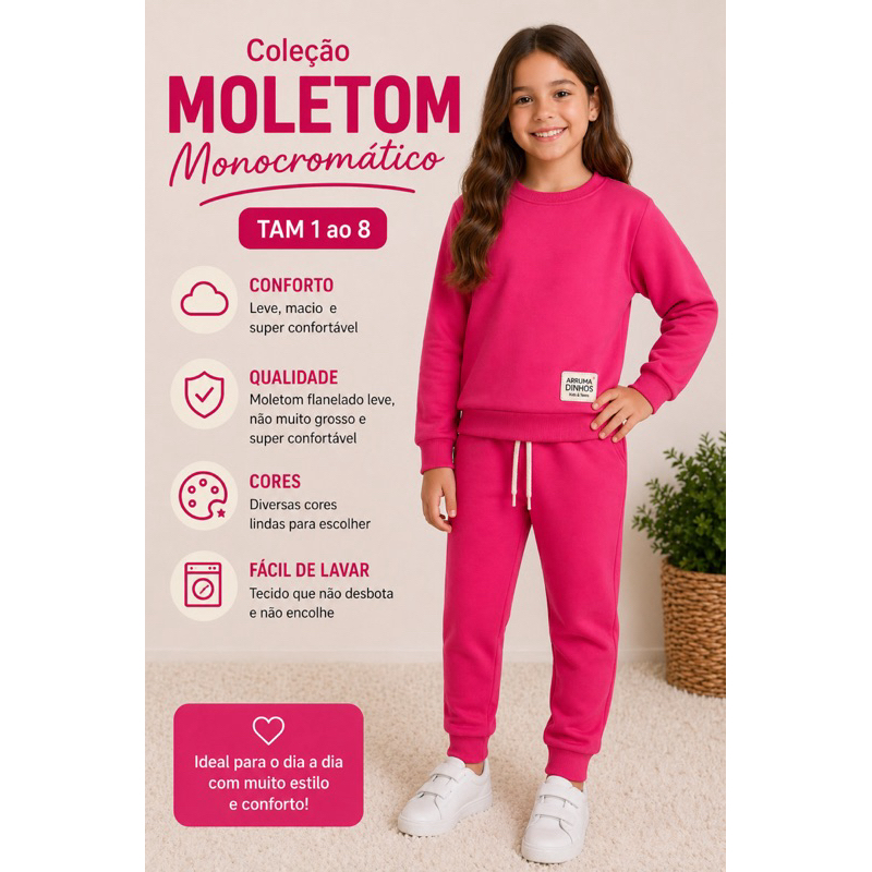 Conjunto infantil feminino moleton flanelado inverno menina blusa e calça monocromático TAM 1 ao 8