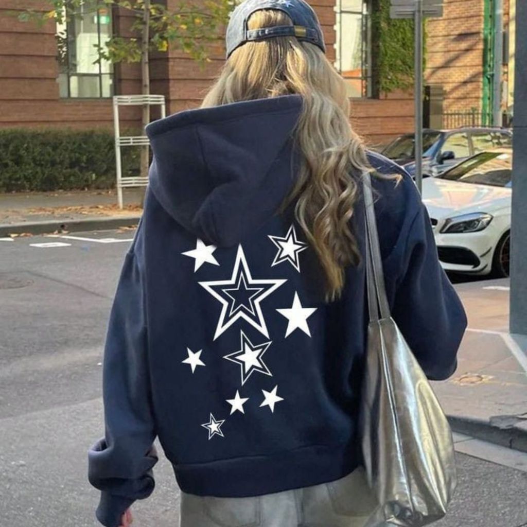 Moletom Feminino Com Capuz Flanelado Canguru Confortável Desenho Estrelas Y2k