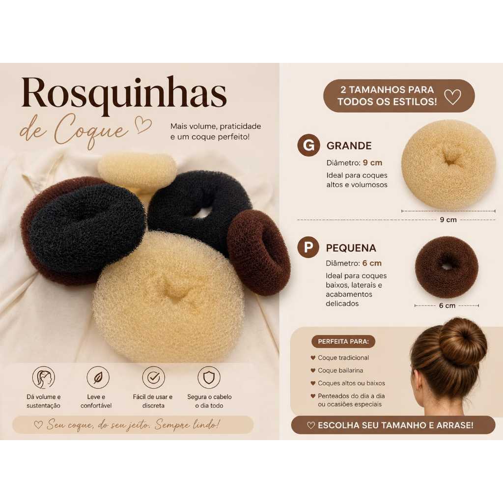 Kit Rosquinha de Coque 2 Unidades P e G Enchimento para Coque Volume Fácil Cabelo