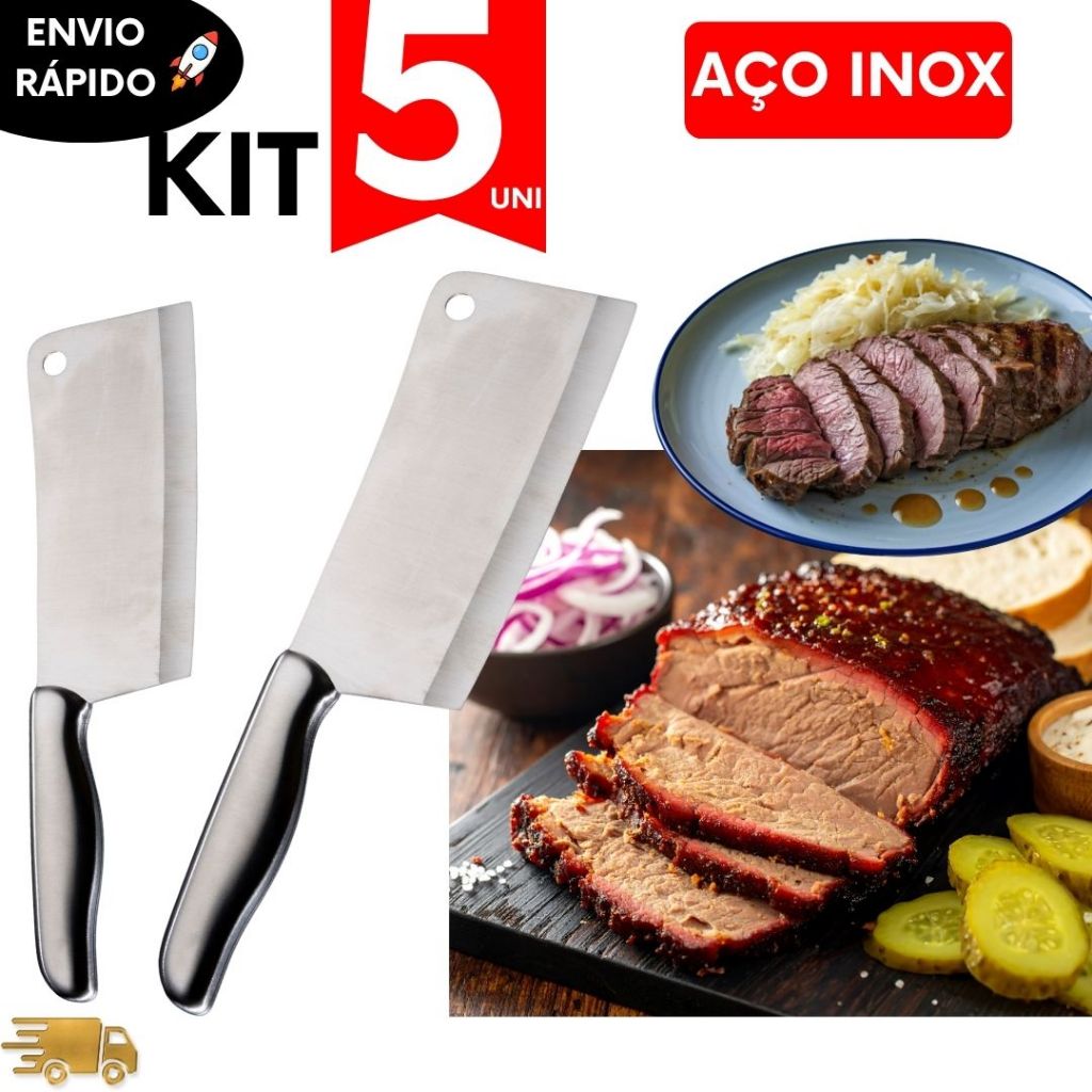 Kit Cutelo Machadinho Aço Inox Ultra Afiado Faca Açougue Churrasco Pesado Camping Sobrevivência Caça Cozinha Industrial