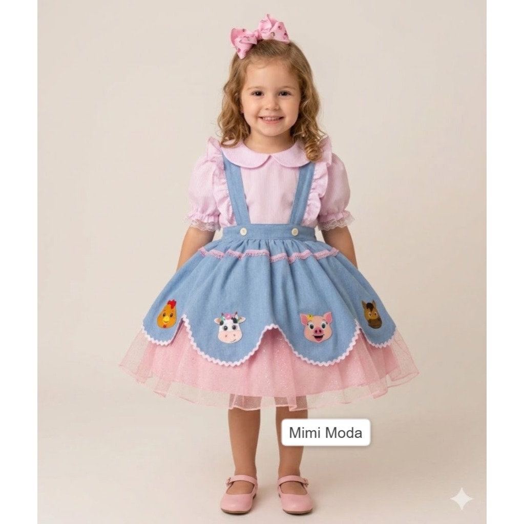 Vestido Infantil Menina Tematico Fazendinha Fazenda Rosa Bebe Salopete Jeans Luxo Festa Aniversario