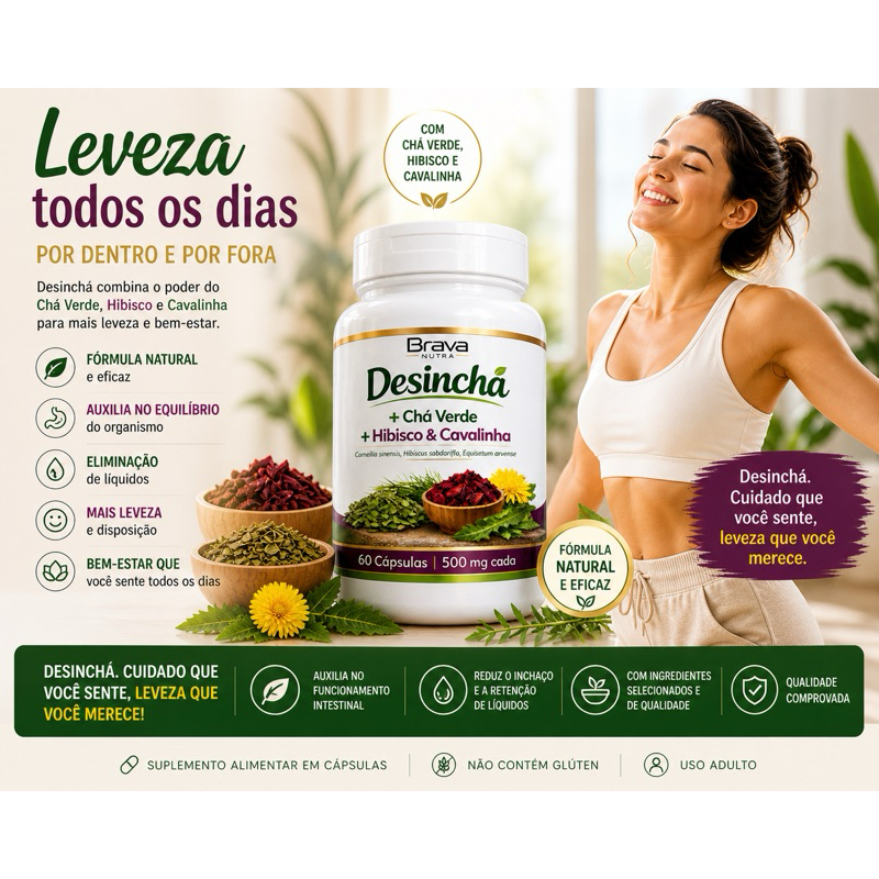Desinchá Natural Brava Nutra  | Reduz Inchaço | 60 Cápsulas Envio Mediato !!!