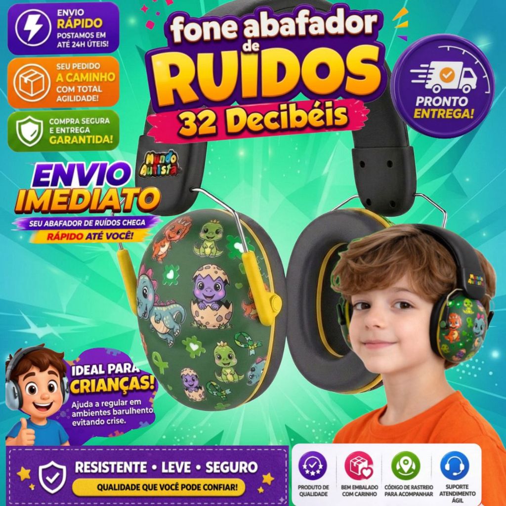 Abafador Dino 32 DB Autismo Fone Protetor de Som Ouvido Auricular Ruido Confortavel Tdah Tea Autista