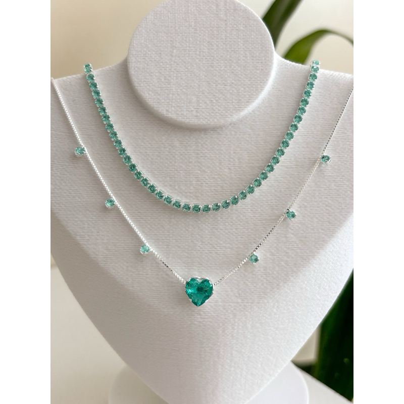 Conjunto de colar choker riviera e colar ponto de luz coração banhada à prata 925