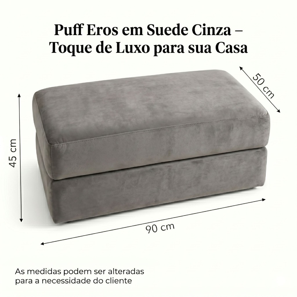 Puff Eros Suede Cinza 90cm Grande | Puff Sala Moderno Confortável