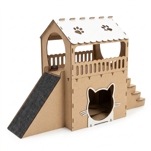 Casinha para Gatos 2 Andares MDF com Carpete – Toca + Arranhador + Rampa | Playground 67cm
