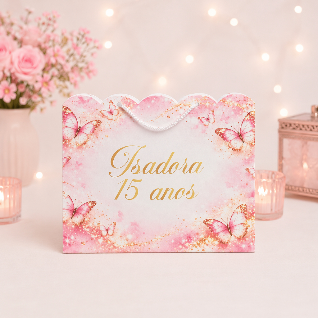 Sacolinha G Personalizada - 15 anos borboletas - Jardim Encantado luxo - PEGUE E MONTE | Lembrancinha Festa Infantil