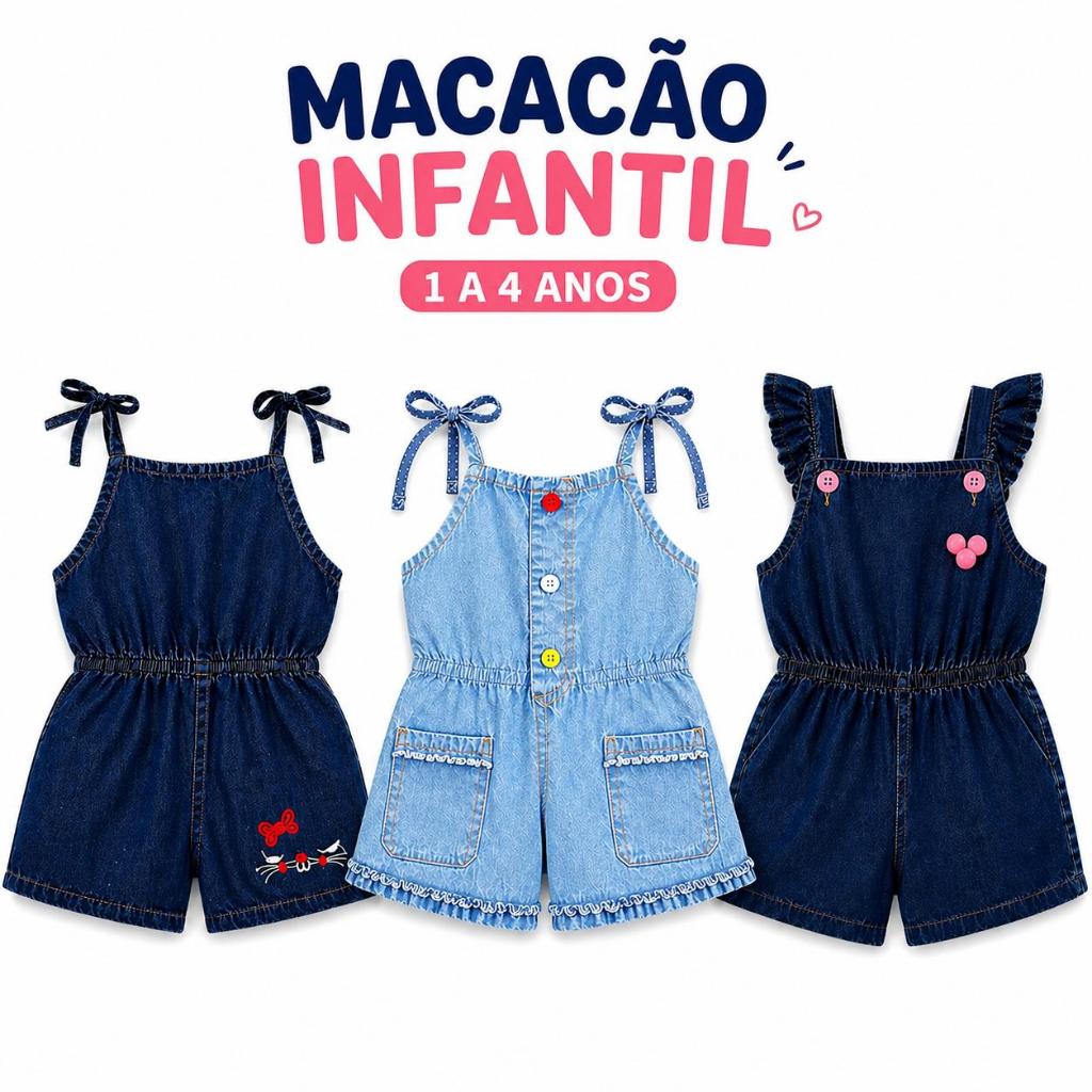 Macacão Macaquinho Jardineira Jeans Infantil Feminino 1 a 4 Anos Confortável e Estiloso