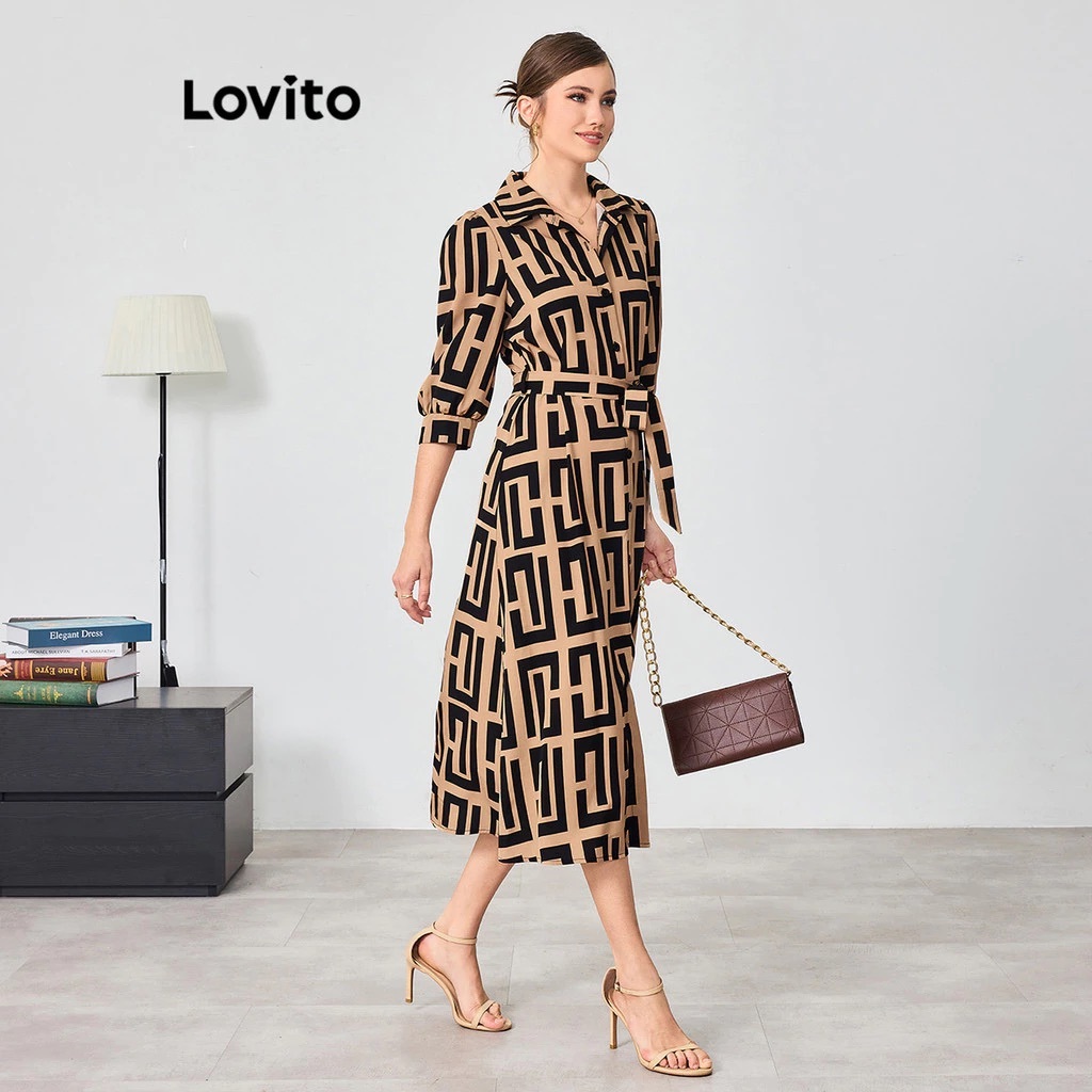 Lovito Vestido Feminino Midi Estampado com Amarração BRDRB15BR098