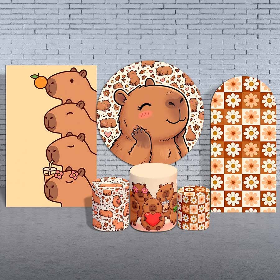 Kit Painel Festa Redondo 1,50x1,50 Com Trio Capas De Cilindros Tema Capivara Capivarinha Cute Fofa