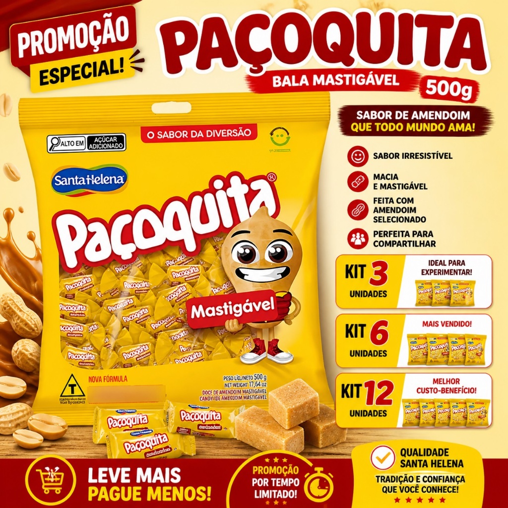 Bala Mastigável Paçoquita 500g Kit 3 6 12 Unidades Amendoim Doce Cremoso Promoção