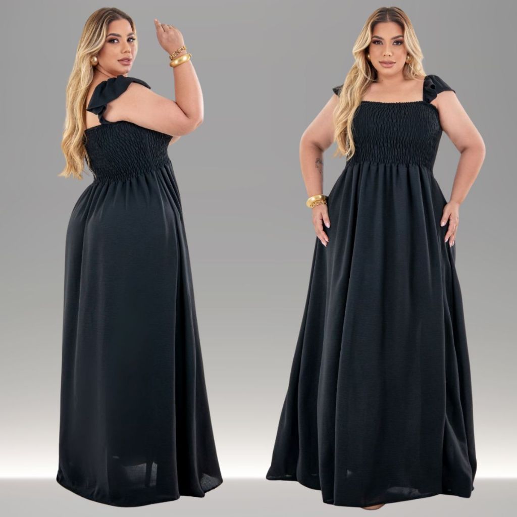 Vestido Femino Longo Crepe Dunas Alça Babado Plus Size Moda Moda Evangélica Casual Moda Maior Confortável Leve Comprido