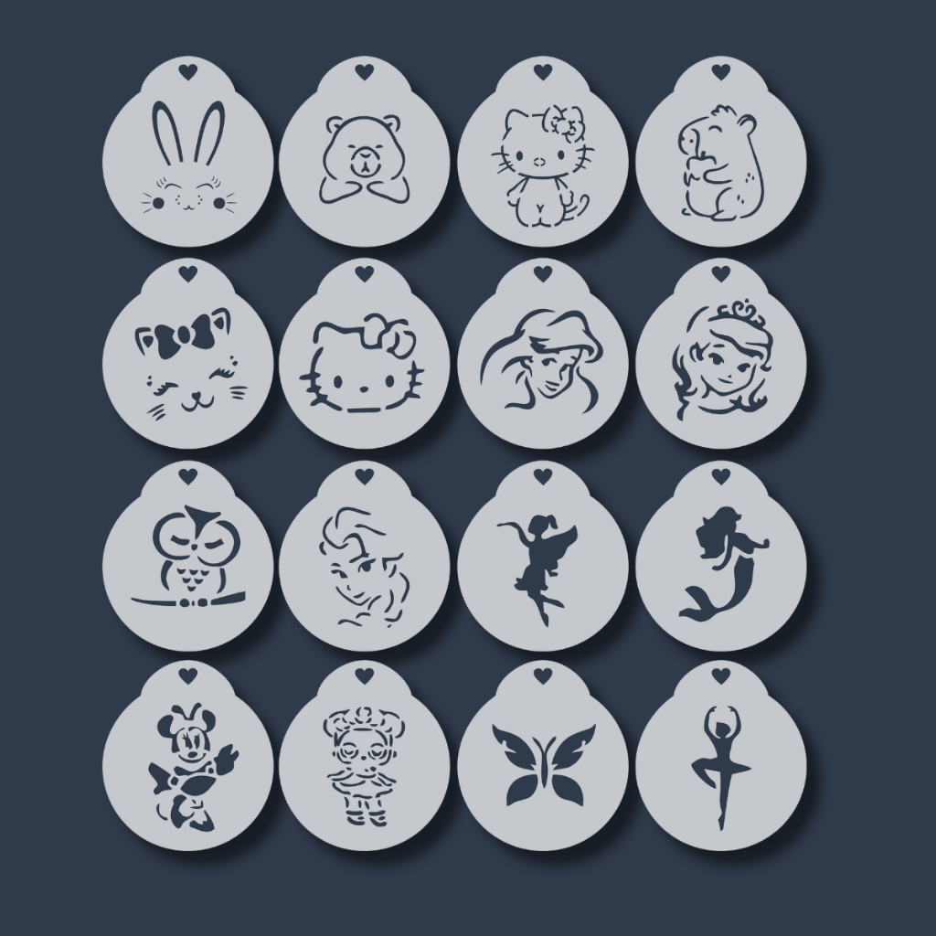 Kit 16 Stencil Molde Personagens Infantis Femininos para Pintura Facial Artesanato Tecido Criança