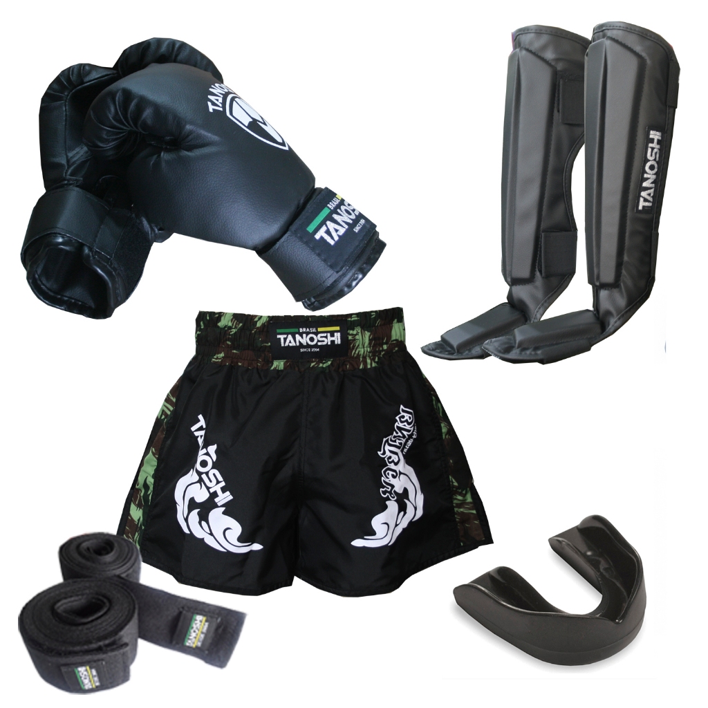 Kit completo Infantil MuayThai luva boxe Caneleira Bandagem Bucal e shorts