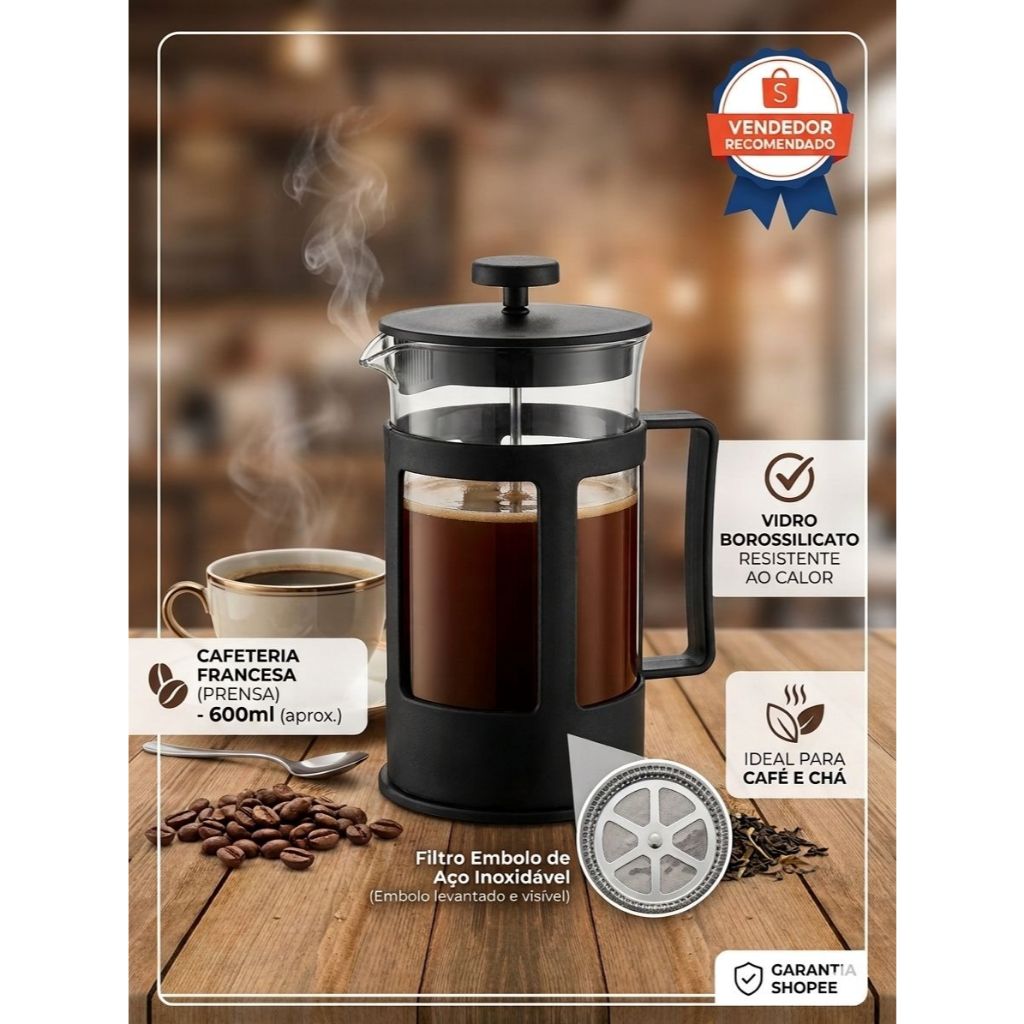 Cafeteira Prensa Francesa Vidro Preta - 600ml, Design Inteligente, Versátil para Café e Chá