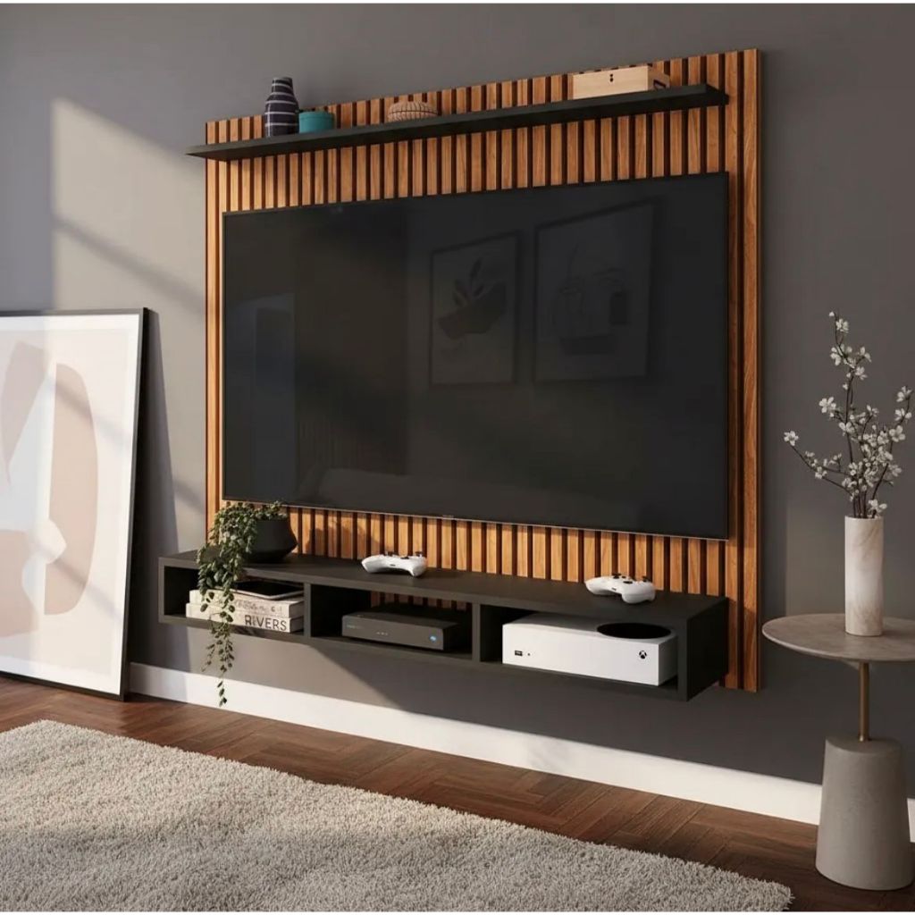 Super Painel Aconchego TVs 50 Polegadas 3D Ripado com Nicho e Prateleira Suporte Sala Quarto Estante Decorativa Moderna