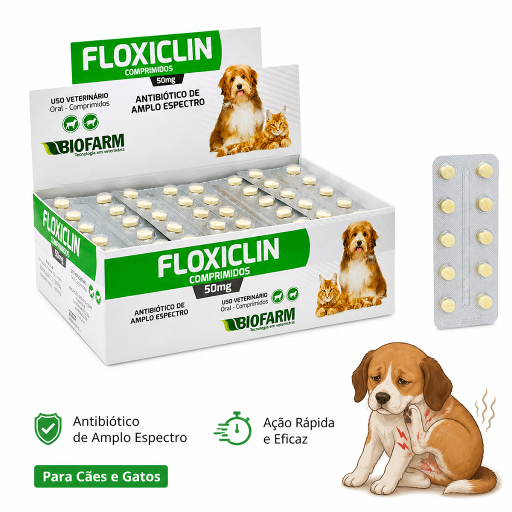 Enrofloxacina 50mg Floxiclin Antibiótico Cães e Gatos Anti-infeccioso - Strip c/ 10 Comprimidos