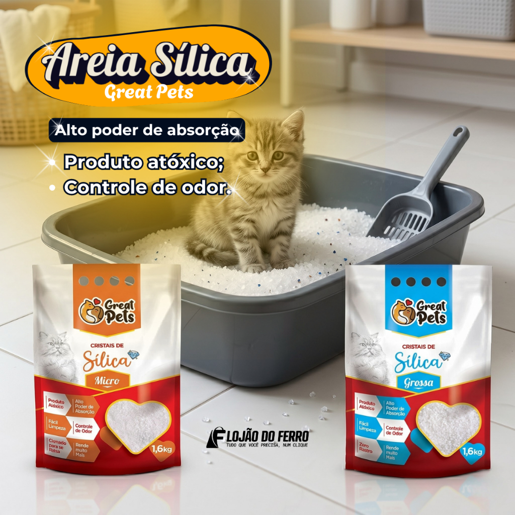 Areia Gato Sanitária Sílica Cristais 1,6kg Great Pets Areia Silica de Gato