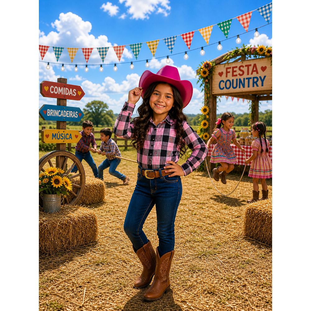 Camisa Flanelada Infantil Xadrez + Chapéu Rosa | Kit Junino Cowboy Menina