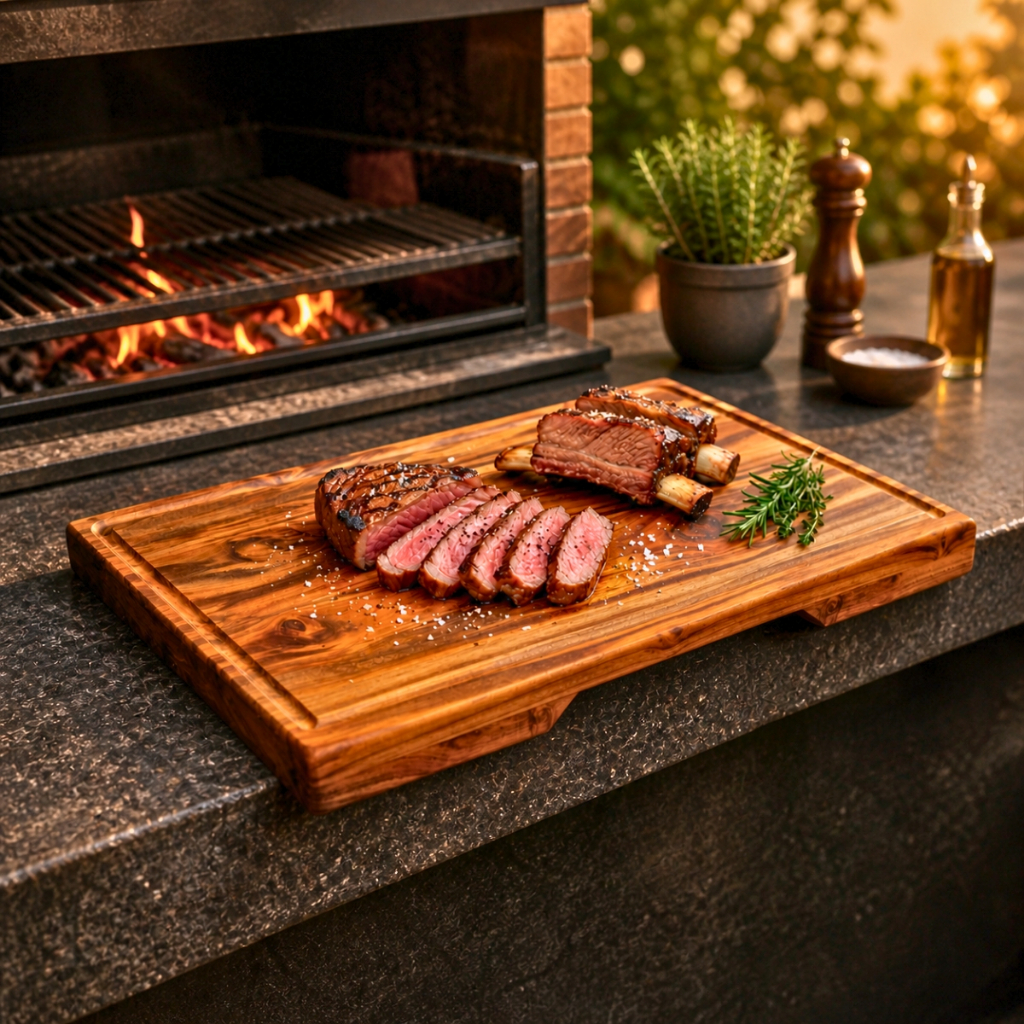 Tábua de Carne Madeira Teca Premium Grande Encaixe Pia Bancada Cozinha Churrasco Corte Gourmet