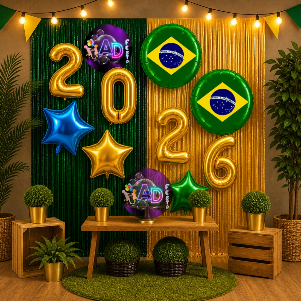 Kit Decoração, 2 Cortinas + 2 Balão Brasil 45cm + Balão 2026 + Balões Estrela, Copa do mud...
