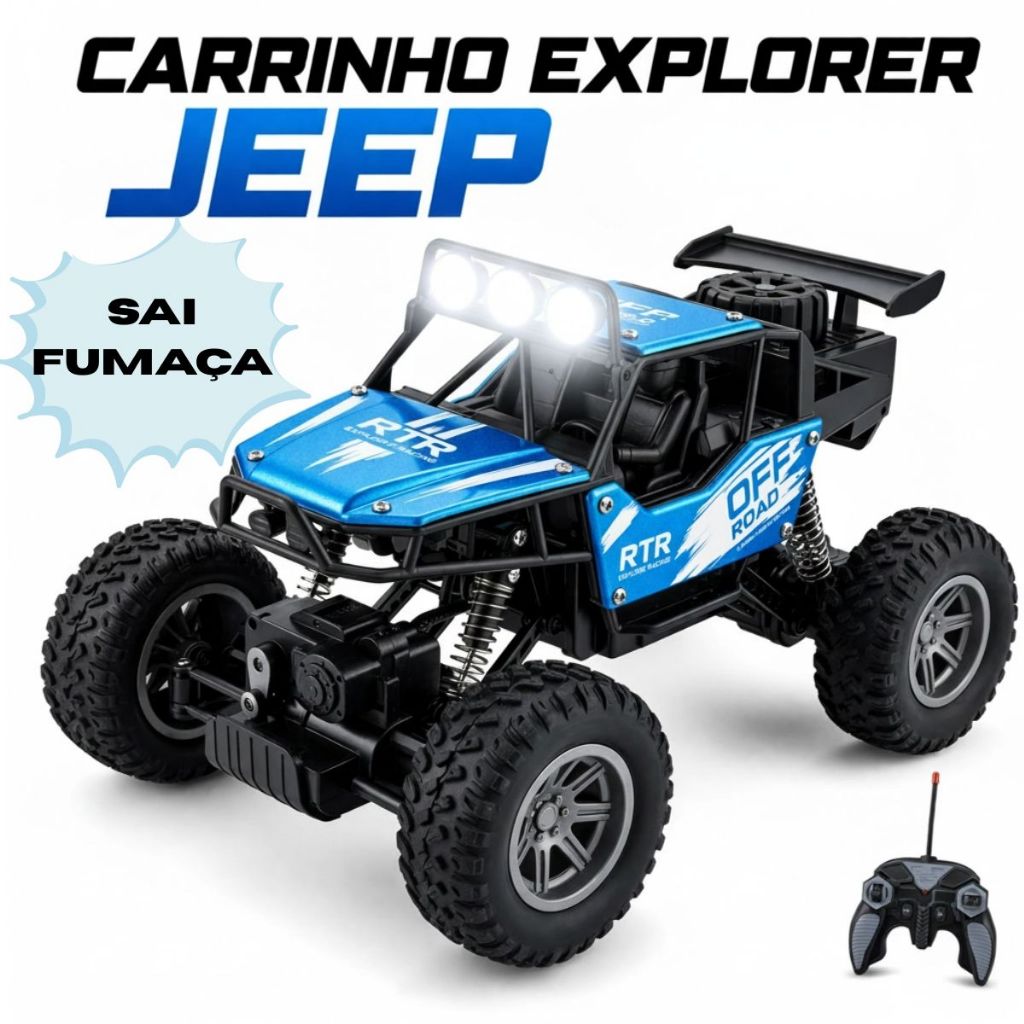 Carrinho de Controle Remoto Jeep Solta Fumaça Carro Off Road 4x4 Suspensão Alta Monster Truck