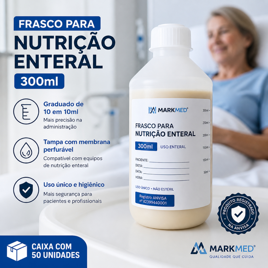Frasco Alimentação Nutrição Enteral 300ml 50 UND Graduado Acamado Hospitalar residencial Descartável