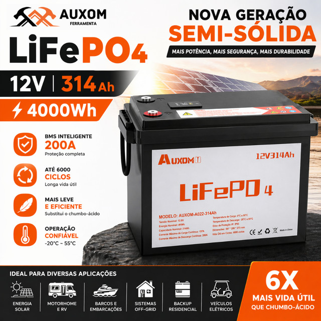 Bateria LiFePO4 12V 314Ah 4000Wh com BMS 200A | Alta Capacidade Longa Vida 6000 Ciclos para Energia Solar RV Off-Grid