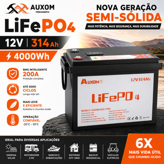 Bateria LiFePO4 12V 314Ah 4000Wh com BMS 200A | Alta Capacidade Longa Vida 6000 Ciclos para Energia Solar RV Off-Grid