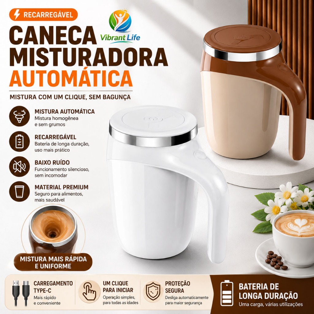 Caneca Misturadora Automática Recarregável USB Copo Mixer Café Leite Whey Mistura Rápida