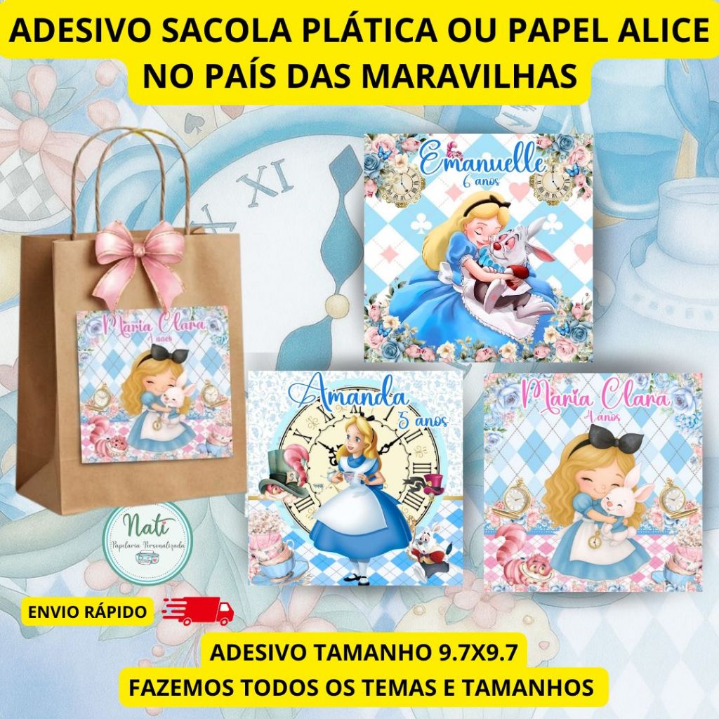 Rótulo Adesivo para Personalizar Sacolas PAPEL /PLÁSTICA/TNT-  Adesivos Sacolas de Papel,  ALICE NO PAÍS DAS MARAVILHAS