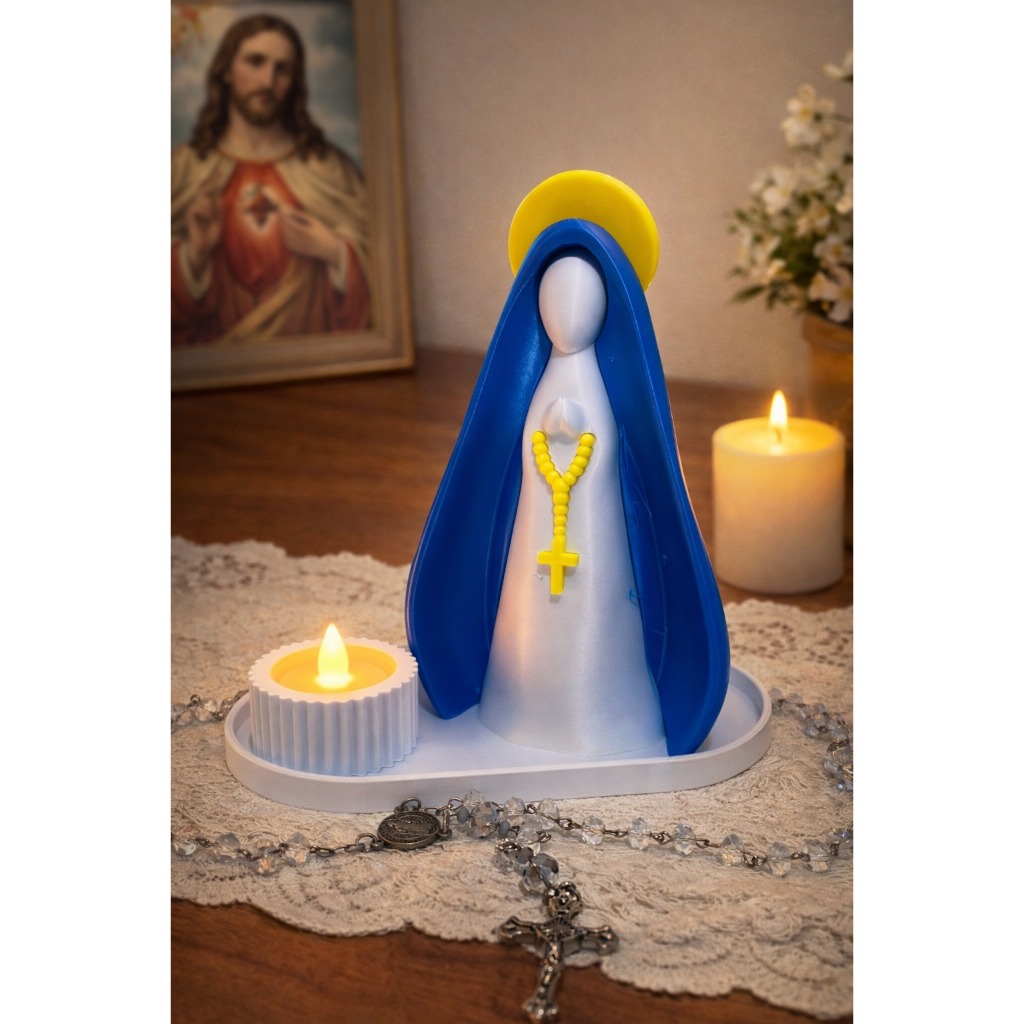 Imagem Nossa Senhora 16cm Decorativa + Bandeja + Vaso + Vela LED | Kit Completo Religioso l Religiosa Católica Presente
