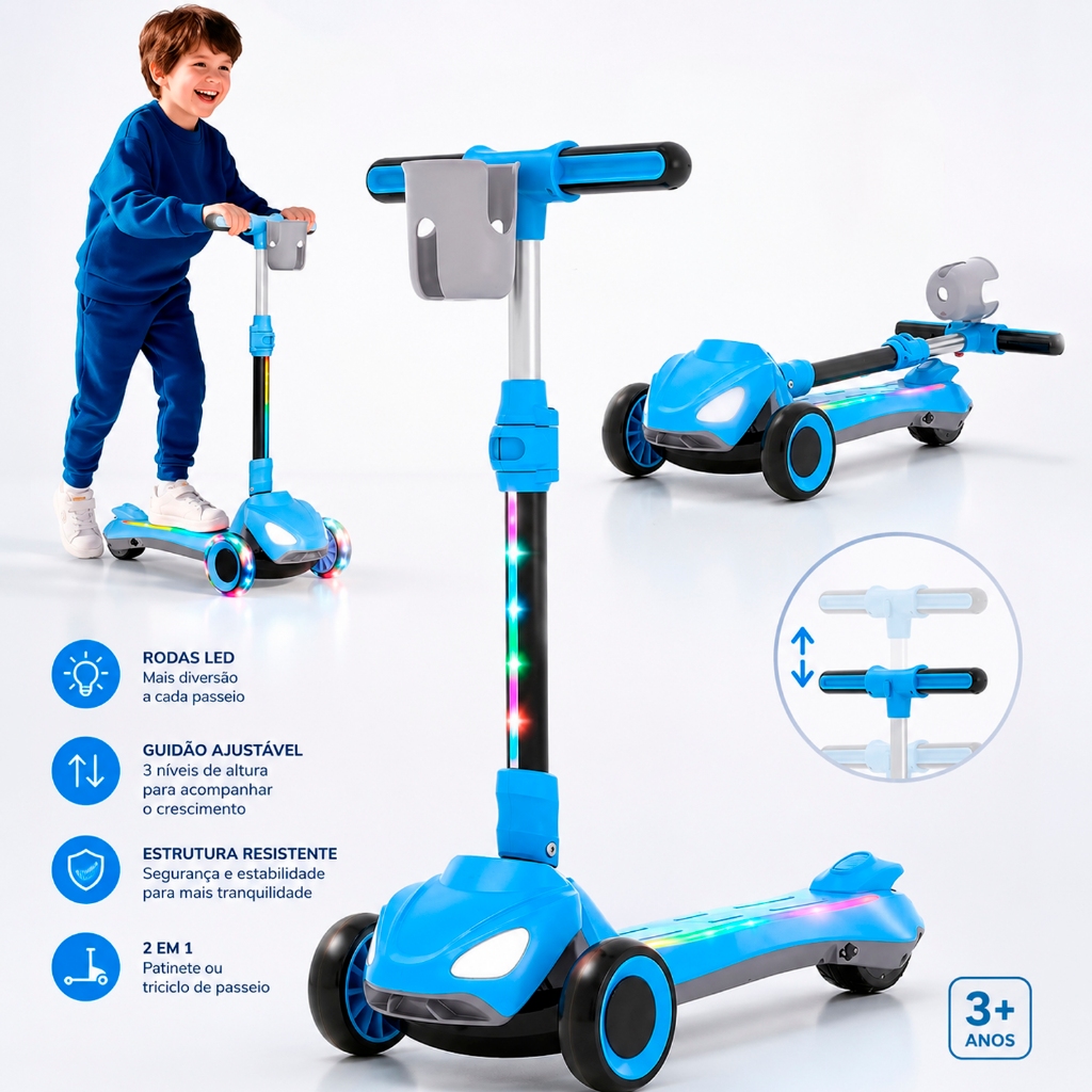 Patinete Infantil 3 Rodas Elétrico Dobrável Com Luz Led Para Crianças Radical Altura Ajustável