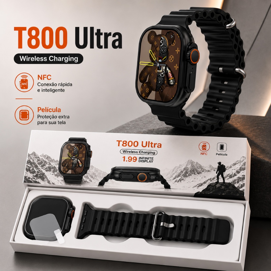 T800 Ultra Smartwatch NFC Chamadas Bluetooth Monitor Cardíaco Tela Grande HD