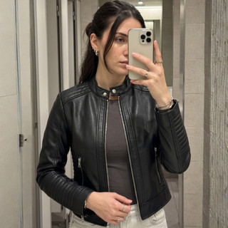 Jaqueta Couro Feminina PU Estilo Slim Casual Forrada Zíper Gola Alta Leve Inverno Moto