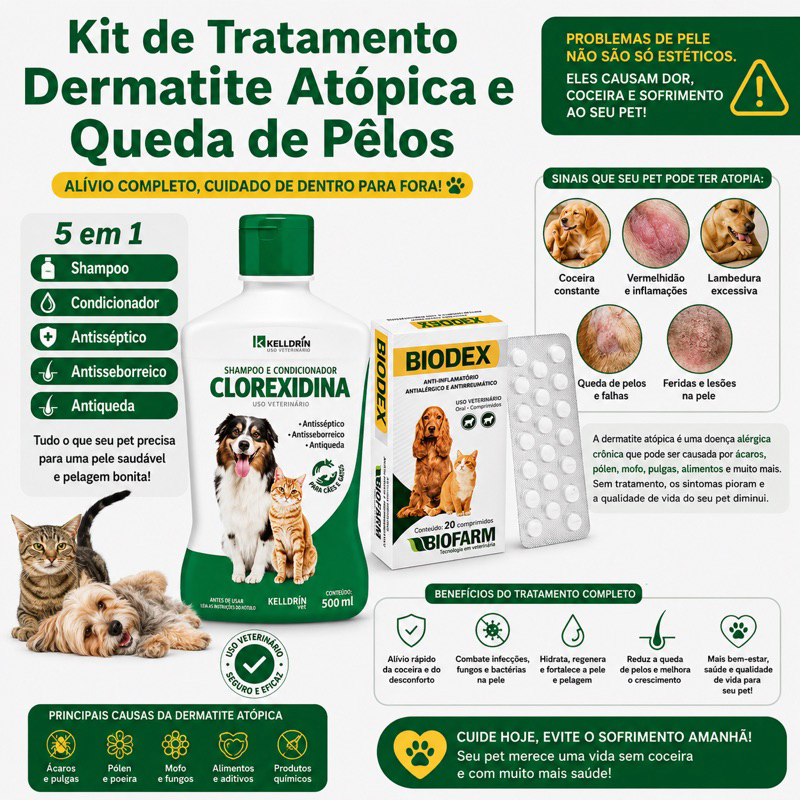 Kit de Tratamento Dermatite Atópica e Quedas de Pêlos Shampoo Clorexidina 500ml + Biodex 20 Comprimidos