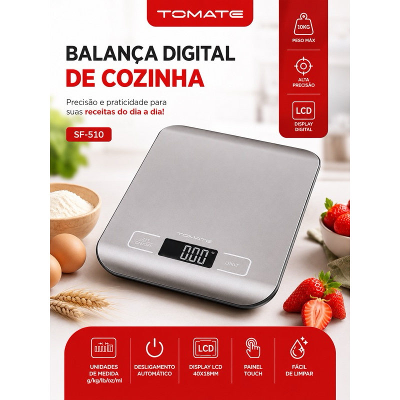 Balança Digital de Cozinha Tomate 10kg Alta Precisão LCD Touch SF-510 Gourmet