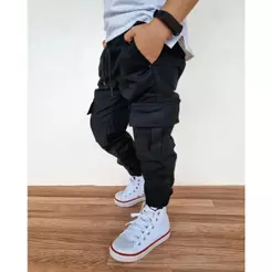 Calça Jogger brim Infantil Masculina Menino Cargo com Bolsos Cintura Elástica 2 ao 16