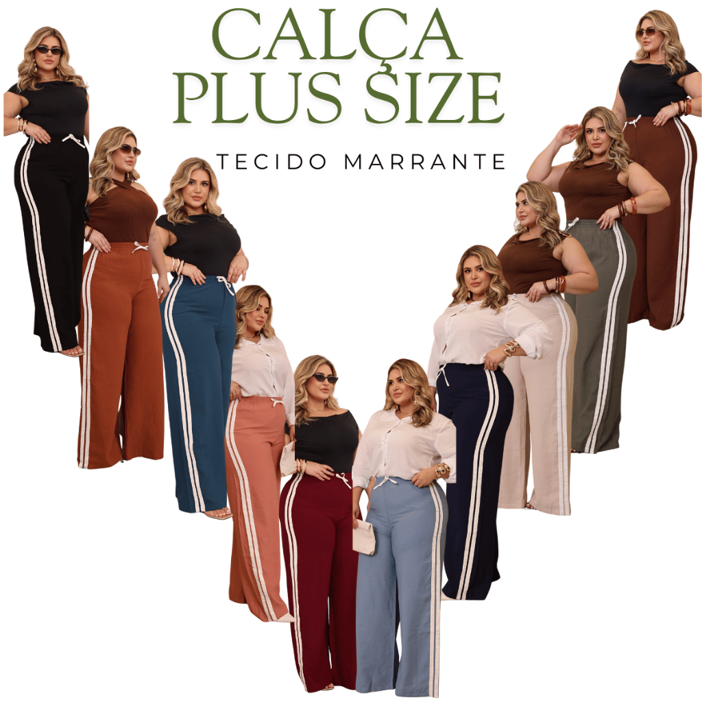 Calça Pantalona Feminina Plus Size com Listras Laterais Tecido Sensorial Marrante M ao G3