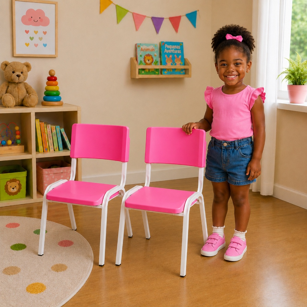 2 Cadeiras ISO Infantil Rosa Empilhável – Estrutura Fixa em Aço para Escola e Brinquedoteca