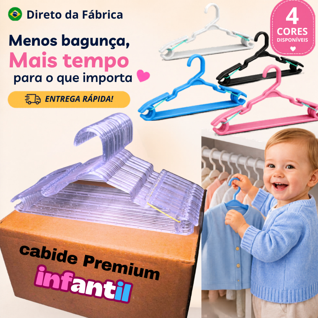 OFERTA Kits até 100 Cabides Infantil baby Reforçado, cores Azul, Rosa, Preto, Branco